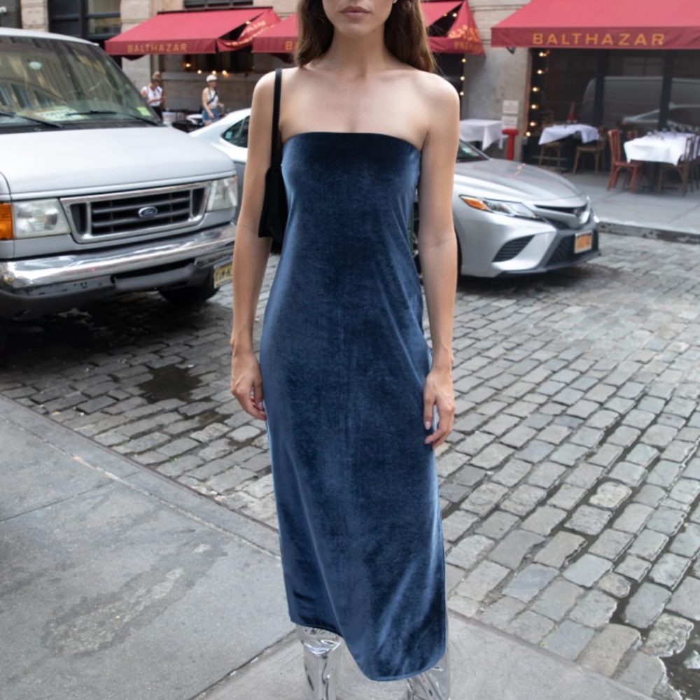 Oak + Fort Velvet blue midi dress